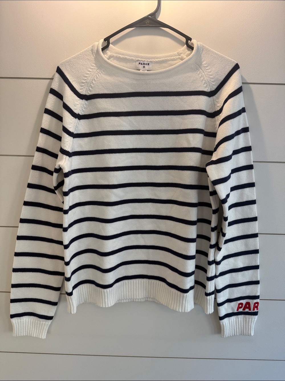 Parke White and Navy Striped Crewneck Sweater